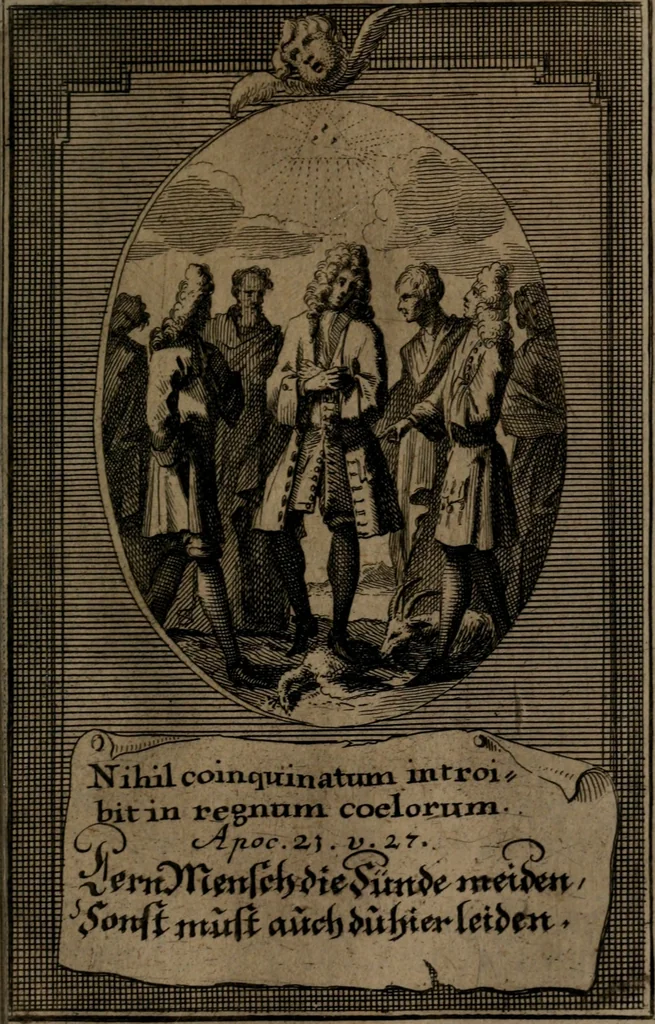 An illustration from Rev. P. Abraham a S. Clara ... Besonders meubliert- und gezierte Todten-Capelle, oder, Allgemeiner Todten-Spiegel : darinnen alle Menschen, wes Standes sie sind ..., 1711, leaf 458