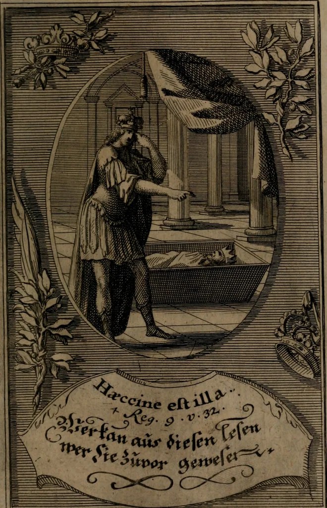 An illustration from Rev. P. Abraham a S. Clara ... Besonders meubliert- und gezierte Todten-Capelle, oder, Allgemeiner Todten-Spiegel : darinnen alle Menschen, wes Standes sie sind ..., 1711, leaf 474