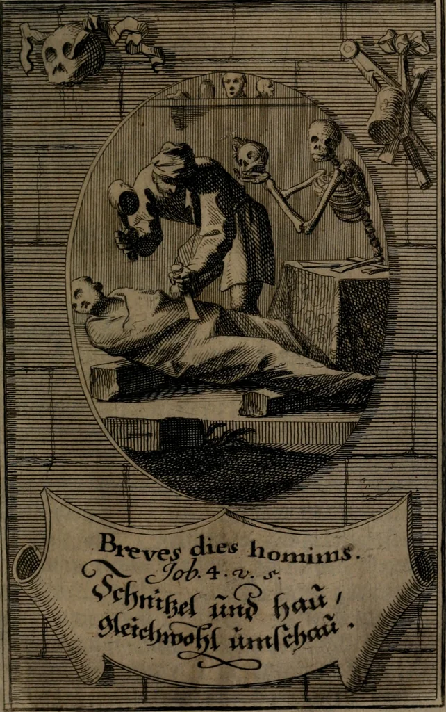 An illustration from Rev. P. Abraham a S. Clara ... Besonders meubliert- und gezierte Todten-Capelle, oder, Allgemeiner Todten-Spiegel : darinnen alle Menschen, wes Standes sie sind ..., 1711, leaf 510