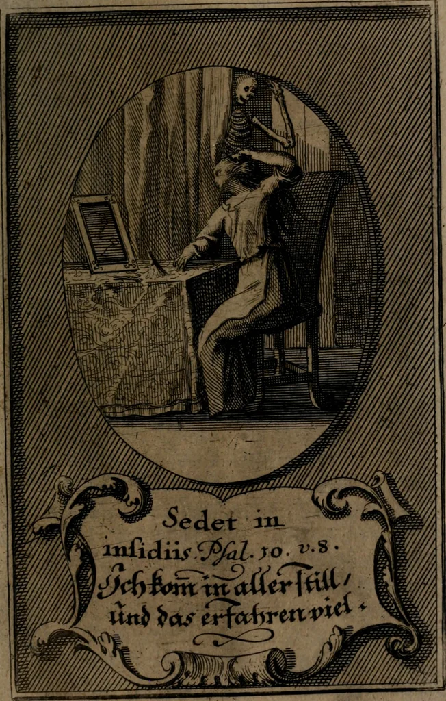 An illustration from Rev. P. Abraham a S. Clara ... Besonders meubliert- und gezierte Todten-Capelle, oder, Allgemeiner Todten-Spiegel : darinnen alle Menschen, wes Standes sie sind ..., 1711, leaf 516