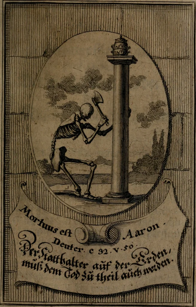 An illustration from Rev. P. Abraham a S. Clara ... Besonders meubliert- und gezierte Todten-Capelle, oder, Allgemeiner Todten-Spiegel : darinnen alle Menschen, wes Standes sie sind ..., 1711, leaf 76