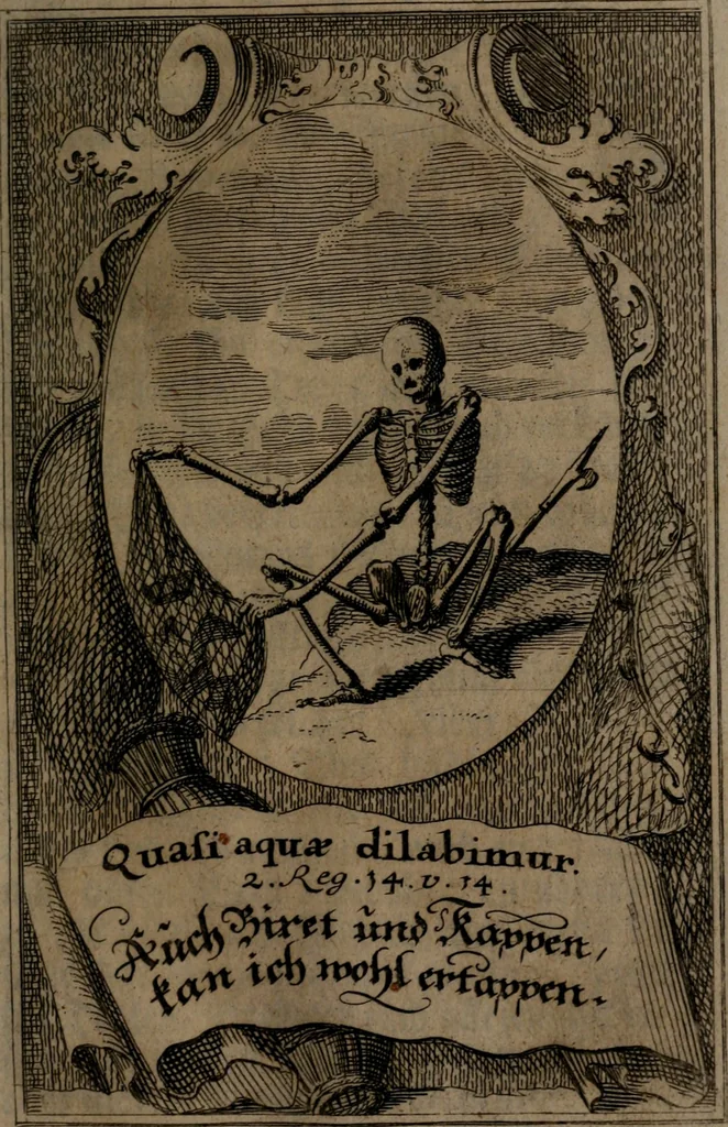 An illustration from Rev. P. Abraham a S. Clara ... Besonders meubliert- und gezierte Todten-Capelle, oder, Allgemeiner Todten-Spiegel : darinnen alle Menschen, wes Standes sie sind ..., 1711, leaf 82