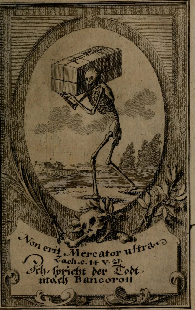 An illustration from Rev. P. Abraham a S. Clara ... Besonders meubliert- und gezierte Todten-Capelle, oder, Allgemeiner Todten-Spiegel : darinnen alle Menschen, wes Standes sie sind ..., 1711, leaf 92