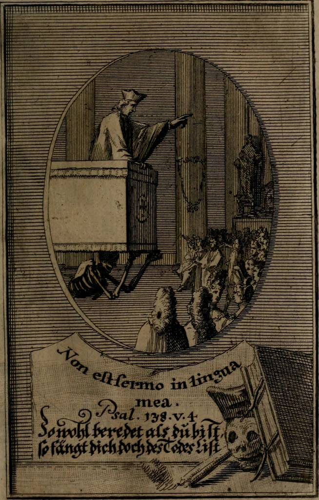 An illustration from Rev. P. Abraham a S. Clara ... Besonders meubliert- und gezierte Todten-Capelle, oder, Allgemeiner Todten-Spiegel : darinnen alle Menschen, wes Standes sie sind ..., 1711, leaf 96