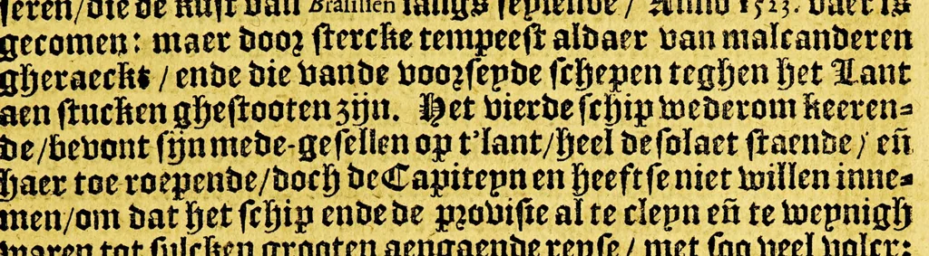 An illustration from Reys-boeck van het rijcke Brasilien, Rio de la Plata ende Magallanes, : daer in te sien is, de gheleghentheyt van hare landen ende steden, haren handel ende wandel, met de vruchten ende vruchbaerheyt der selver: alles met copere platen uytghebeelt. Als oock de leste reyse van den Heer van Dort, met het veroveren vande Baeye de Todos los Santos,, 1624, leaf 21