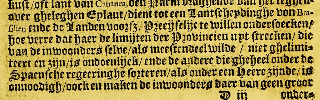An illustration from Reys-boeck van het rijcke Brasilien, Rio de la Plata ende Magallanes, : daer in te sien is, de gheleghentheyt van hare landen ende steden, haren handel ende wandel, met de vruchten ende vruchbaerheyt der selver: alles met copere platen uytghebeelt. Als oock de leste reyse van den Heer van Dort, met het veroveren vande Baeye de Todos los Santos,, 1624, leaf 39