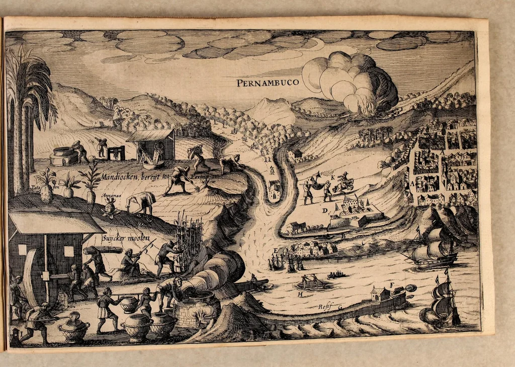 An illustration from Reys-boeck van het rijcke Brasilien, Rio de la Plata ende Magallanes, : daer in te sien is, de gheleghentheyt van hare landen ende steden, haren handel ende wandel, met de vruchten ende vruchbaerheyt der selver: alles met copere platen uytghebeelt. Als oock de leste reyse van den Heer van Dort, met het veroveren vande Baeye de Todos los Santos,, 1624, leaf 63