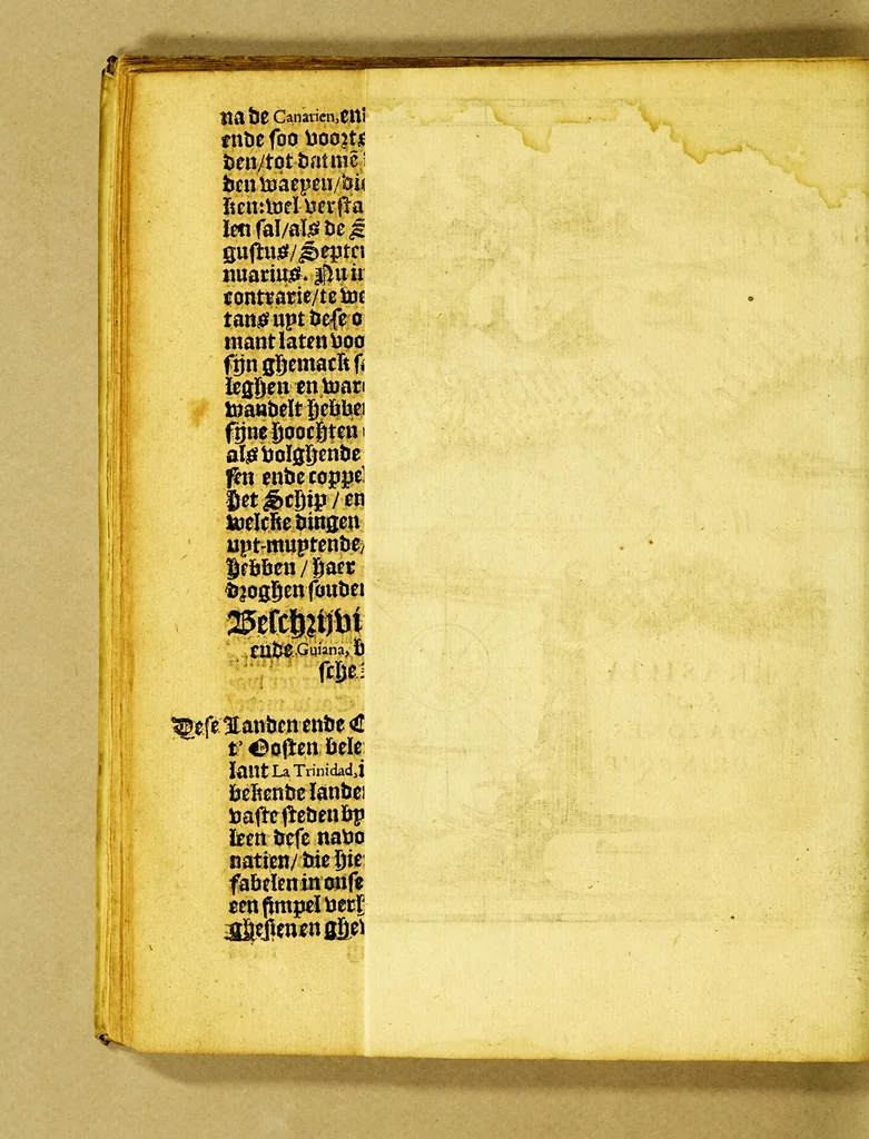 An illustration from Reys-boeck van het rijcke Brasilien, Rio de la Plata ende Magallanes, : daer in te sien is, de gheleghentheyt van hare landen ende steden, haren handel ende wandel, met de vruchten ende vruchbaerheyt der selver: alles met copere platen uytghebeelt. Als oock de leste reyse van den Heer van Dort, met het veroveren vande Baeye de Todos los Santos,, 1624, leaf 76