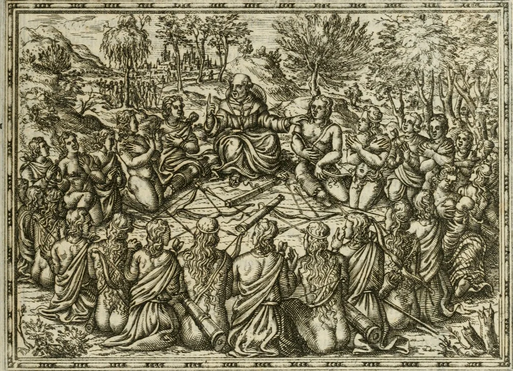 An illustration from Rhetorica christiana : ad concionandi et orandi vsvm accommodata, vtrivsq[ue] facvltatis exemplis svo loco insertis : qvae qvidem ex Indorvm maximè deprompta svnt historiis : vnde praeter doctrinam, svma qvoqve delectatio comparabitvr, 1579, leaf 266