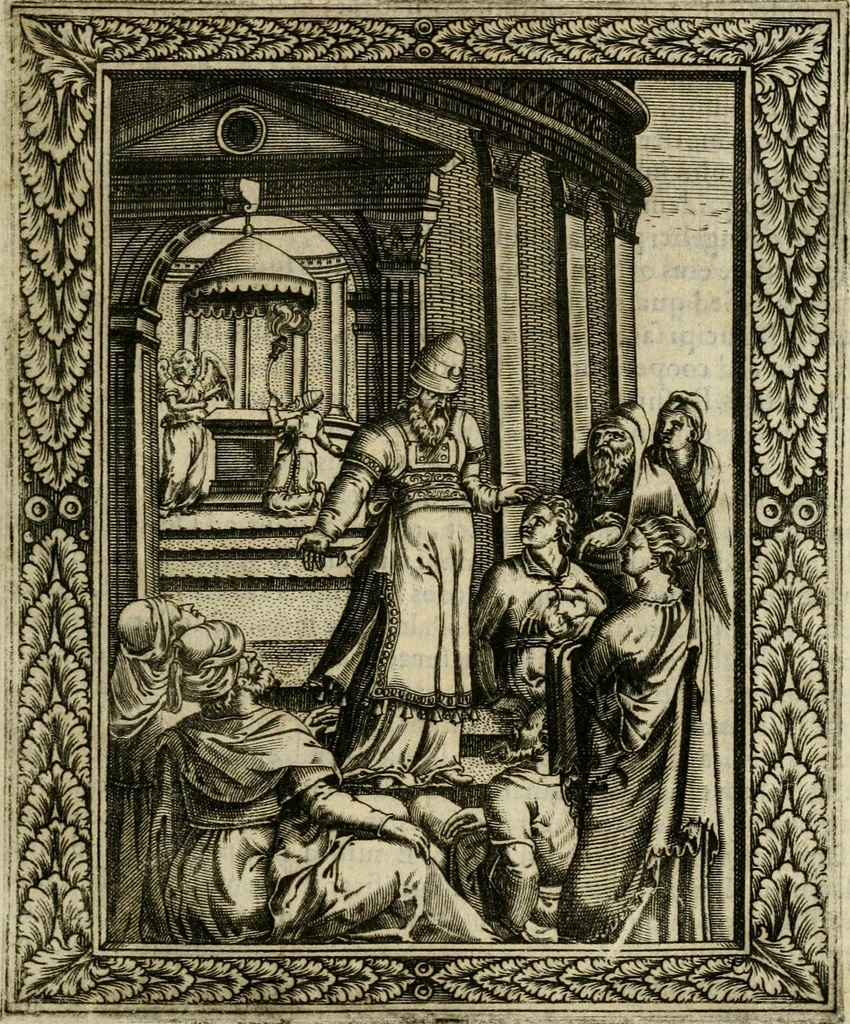 An illustration from Rhetorica christiana : ad concionandi et orandi vsvm accommodata, vtrivsq[ue] facvltatis exemplis svo loco insertis : qvae qvidem ex Indorvm maximè deprompta svnt historiis : vnde praeter doctrinam, svma qvoqve delectatio comparabitvr, 1579, leaf 48