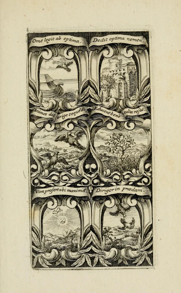 An illustration from Rhetoricae suburbanum, pars prima : cuius libri tres exhibent : primus, xystum, in quo heroica symbola proferuntur ... secundus, aulam ... tertius, odaeum ..., 1676, leaf 17