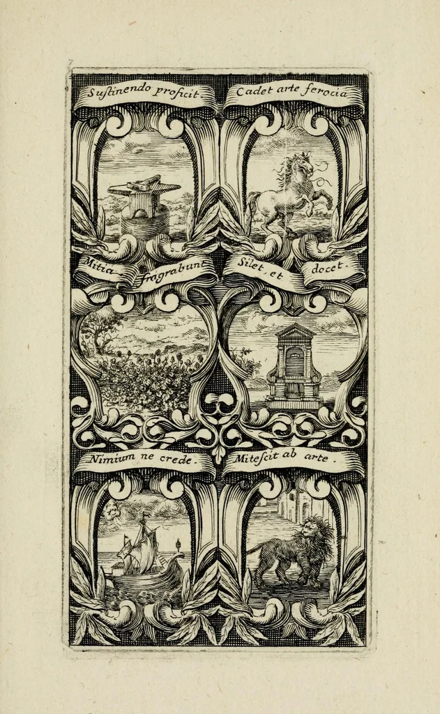 An illustration from Rhetoricae suburbanum, pars prima : cuius libri tres exhibent : primus, xystum, in quo heroica symbola proferuntur ... secundus, aulam ... tertius, odaeum ..., 1676, leaf 19