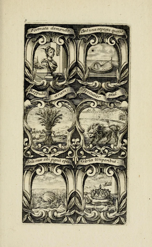 An illustration from Rhetoricae suburbanum, pars prima : cuius libri tres exhibent : primus, xystum, in quo heroica symbola proferuntur ... secundus, aulam ... tertius, odaeum ..., 1676, leaf 21