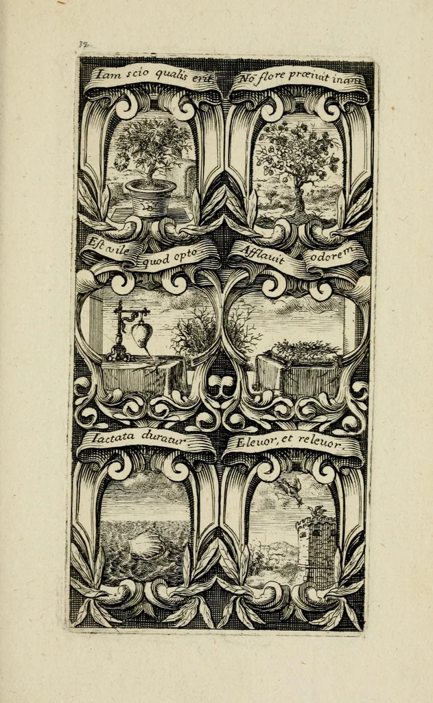 An illustration from Rhetoricae suburbanum, pars prima : cuius libri tres exhibent : primus, xystum, in quo heroica symbola proferuntur ... secundus, aulam ... tertius, odaeum ..., 1676, leaf 69