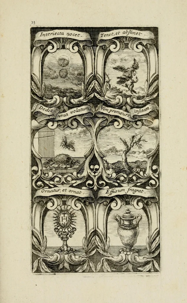 An illustration from Rhetoricae suburbanum, pars prima : cuius libri tres exhibent : primus, xystum, in quo heroica symbola proferuntur ... secundus, aulam ... tertius, odaeum ..., 1676, leaf 71