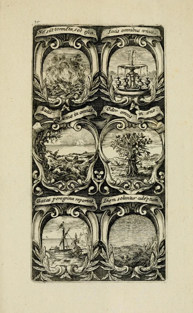 An illustration from Rhetoricae suburbanum, pars prima : cuius libri tres exhibent : primus, xystum, in quo heroica symbola proferuntur ... secundus, aulam ... tertius, odaeum ..., 1676, leaf 75