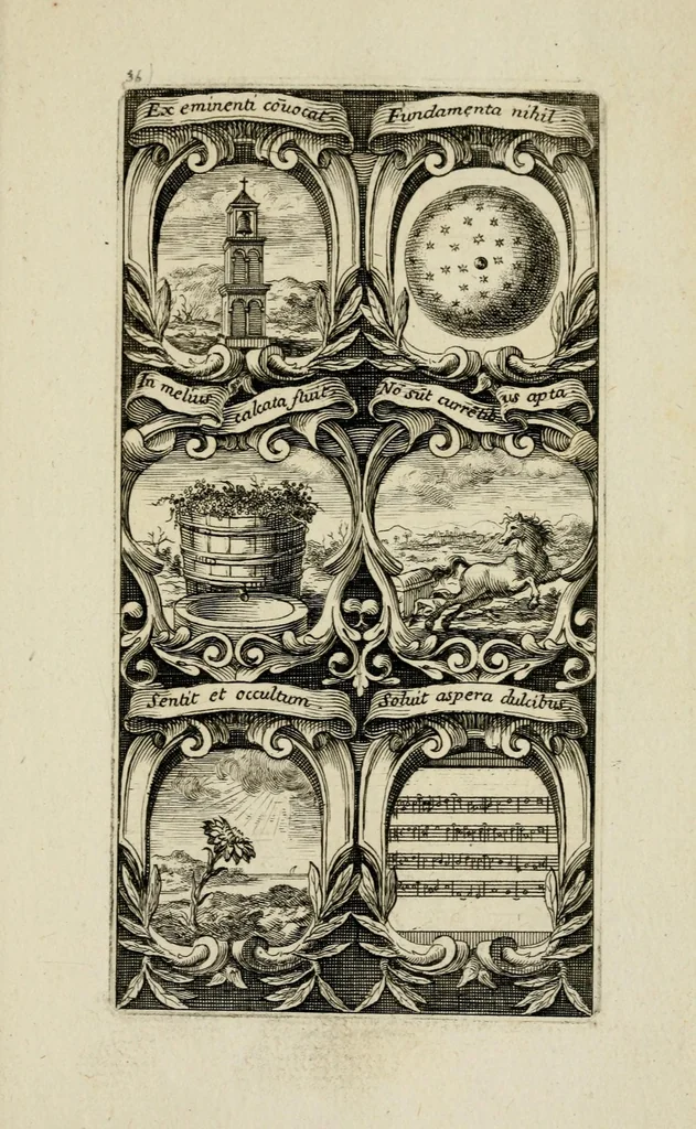 An illustration from Rhetoricae suburbanum, pars prima : cuius libri tres exhibent : primus, xystum, in quo heroica symbola proferuntur ... secundus, aulam ... tertius, odaeum ..., 1676, leaf 77