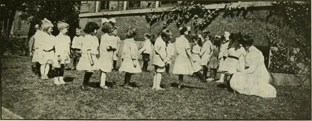 An illustration from Rhythmic action plays and dances; a book of original games and dances, arranged progressively, to Mother Goose and other action songs, with a teaching introductory; for the kindergarten, primary schools, playground and gymnasium, 1915, leaf 104