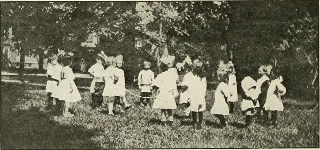 An illustration from Rhythmic action plays and dances; a book of original games and dances, arranged progressively, to Mother Goose and other action songs, with a teaching introductory; for the kindergarten, primary schools, playground and gymnasium, 1915, leaf 105