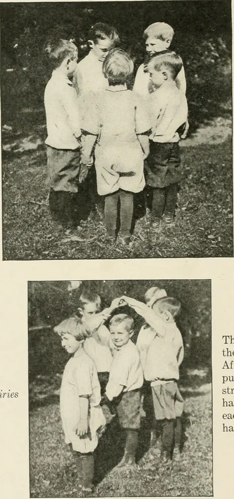 An illustration from Rhythmic action plays and dances; a book of original games and dances, arranged progressively, to Mother Goose and other action songs, with a teaching introductory; for the kindergarten, primary schools, playground and gymnasium, 1915, leaf 117