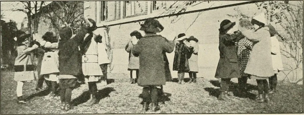 An illustration from Rhythmic action plays and dances; a book of original games and dances, arranged progressively, to Mother Goose and other action songs, with a teaching introductory; for the kindergarten, primary schools, playground and gymnasium, 1915, leaf 129