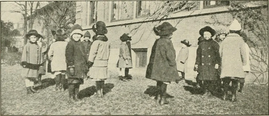 An illustration from Rhythmic action plays and dances; a book of original games and dances, arranged progressively, to Mother Goose and other action songs, with a teaching introductory; for the kindergarten, primary schools, playground and gymnasium, 1915, leaf 139