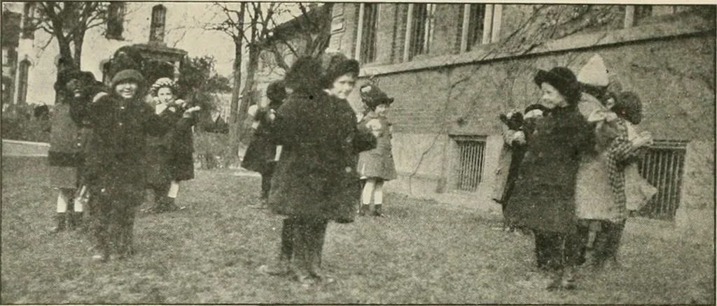 An illustration from Rhythmic action plays and dances; a book of original games and dances, arranged progressively, to Mother Goose and other action songs, with a teaching introductory; for the kindergarten, primary schools, playground and gymnasium, 1915, leaf 143