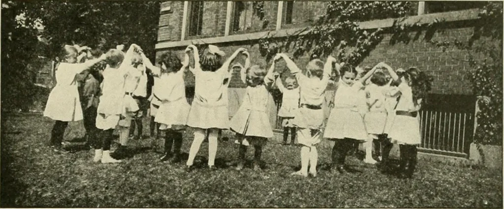 An illustration from Rhythmic action plays and dances; a book of original games and dances, arranged progressively, to Mother Goose and other action songs, with a teaching introductory; for the kindergarten, primary schools, playground and gymnasium, 1915, leaf 146