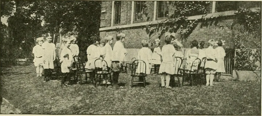 An illustration from Rhythmic action plays and dances; a book of original games and dances, arranged progressively, to Mother Goose and other action songs, with a teaching introductory; for the kindergarten, primary schools, playground and gymnasium, 1915, leaf 152