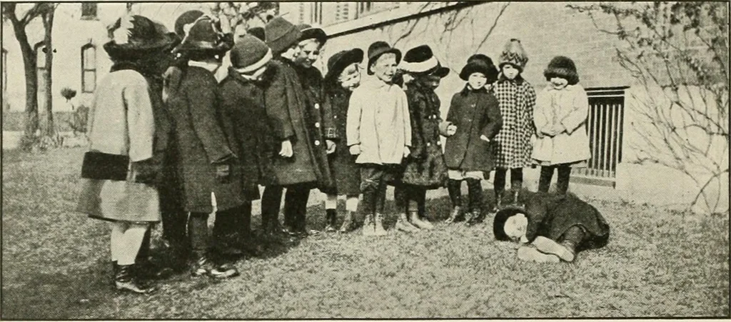 An illustration from Rhythmic action plays and dances; a book of original games and dances, arranged progressively, to Mother Goose and other action songs, with a teaching introductory; for the kindergarten, primary schools, playground and gymnasium, 1915, leaf 153