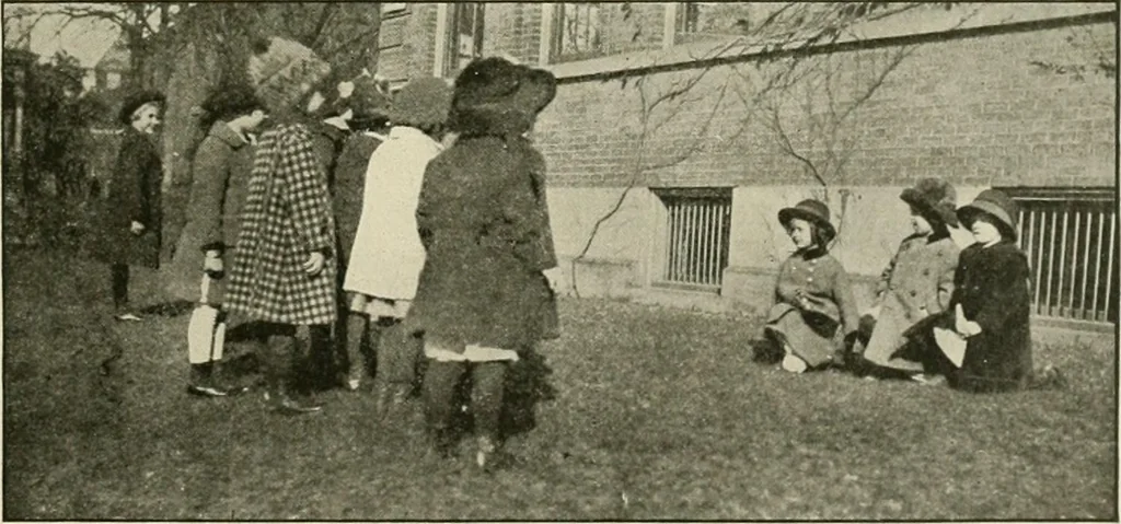 An illustration from Rhythmic action plays and dances; a book of original games and dances, arranged progressively, to Mother Goose and other action songs, with a teaching introductory; for the kindergarten, primary schools, playground and gymnasium, 1915, leaf 154