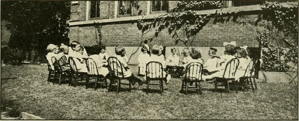 An illustration from Rhythmic action plays and dances; a book of original games and dances, arranged progressively, to Mother Goose and other action songs, with a teaching introductory; for the kindergarten, primary schools, playground and gymnasium, 1915, leaf 158