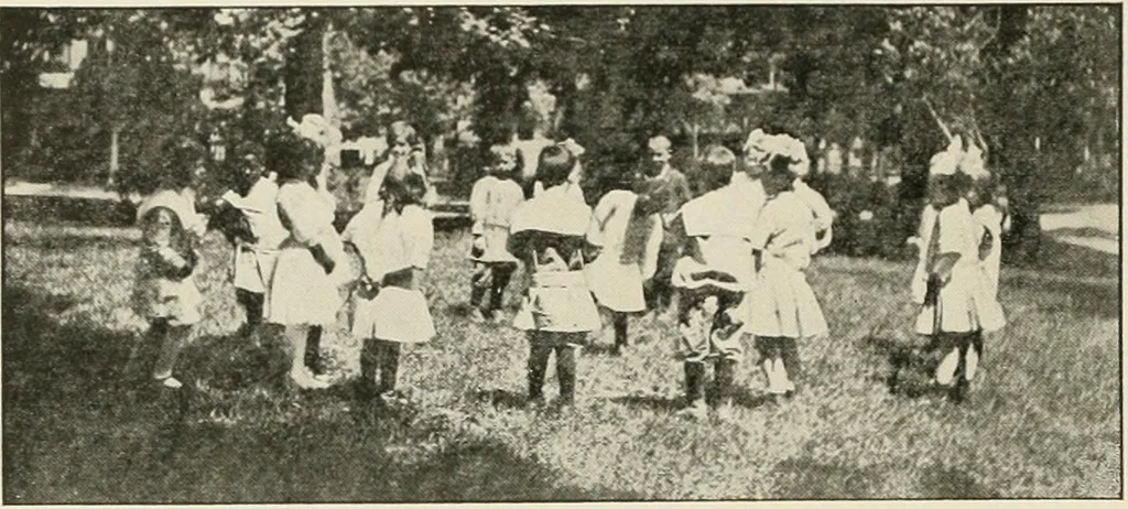 An illustration from Rhythmic action plays and dances; a book of original games and dances, arranged progressively, to Mother Goose and other action songs, with a teaching introductory; for the kindergarten, primary schools, playground and gymnasium, 1915, leaf 161