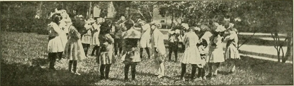 An illustration from Rhythmic action plays and dances; a book of original games and dances, arranged progressively, to Mother Goose and other action songs, with a teaching introductory; for the kindergarten, primary schools, playground and gymnasium, 1915, leaf 42