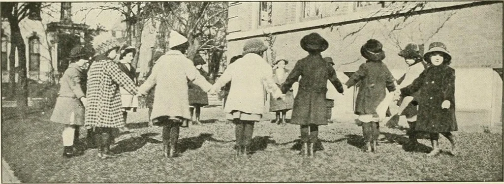 An illustration from Rhythmic action plays and dances; a book of original games and dances, arranged progressively, to Mother Goose and other action songs, with a teaching introductory; for the kindergarten, primary schools, playground and gymnasium, 1915, leaf 43