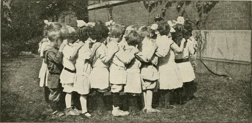 An illustration from Rhythmic action plays and dances; a book of original games and dances, arranged progressively, to Mother Goose and other action songs, with a teaching introductory; for the kindergarten, primary schools, playground and gymnasium, 1915, leaf 45