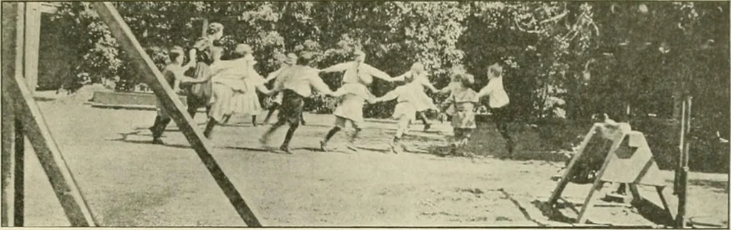 An illustration from Rhythmic action plays and dances; a book of original games and dances, arranged progressively, to Mother Goose and other action songs, with a teaching introductory; for the kindergarten, primary schools, playground and gymnasium, 1915, leaf 54