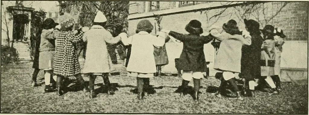 An illustration from Rhythmic action plays and dances; a book of original games and dances, arranged progressively, to Mother Goose and other action songs, with a teaching introductory; for the kindergarten, primary schools, playground and gymnasium, 1915, leaf 58