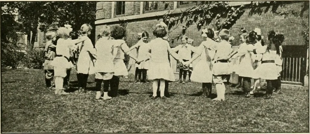 An illustration from Rhythmic action plays and dances; a book of original games and dances, arranged progressively, to Mother Goose and other action songs, with a teaching introductory; for the kindergarten, primary schools, playground and gymnasium, 1915, leaf 60