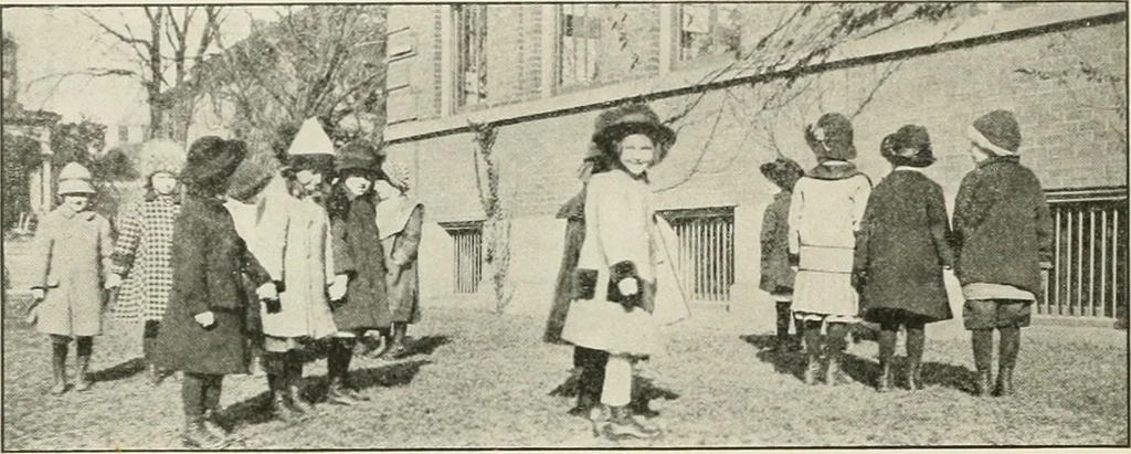 An illustration from Rhythmic action plays and dances; a book of original games and dances, arranged progressively, to Mother Goose and other action songs, with a teaching introductory; for the kindergarten, primary schools, playground and gymnasium, 1915, leaf 65
