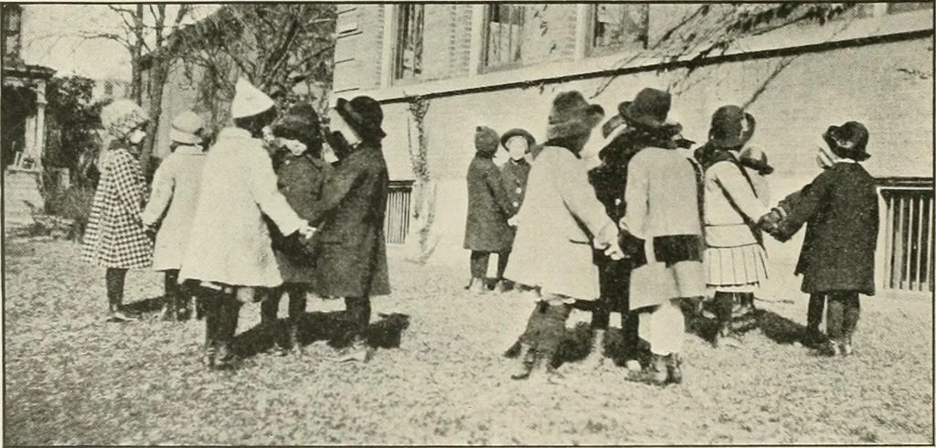 An illustration from Rhythmic action plays and dances; a book of original games and dances, arranged progressively, to Mother Goose and other action songs, with a teaching introductory; for the kindergarten, primary schools, playground and gymnasium, 1915, leaf 65