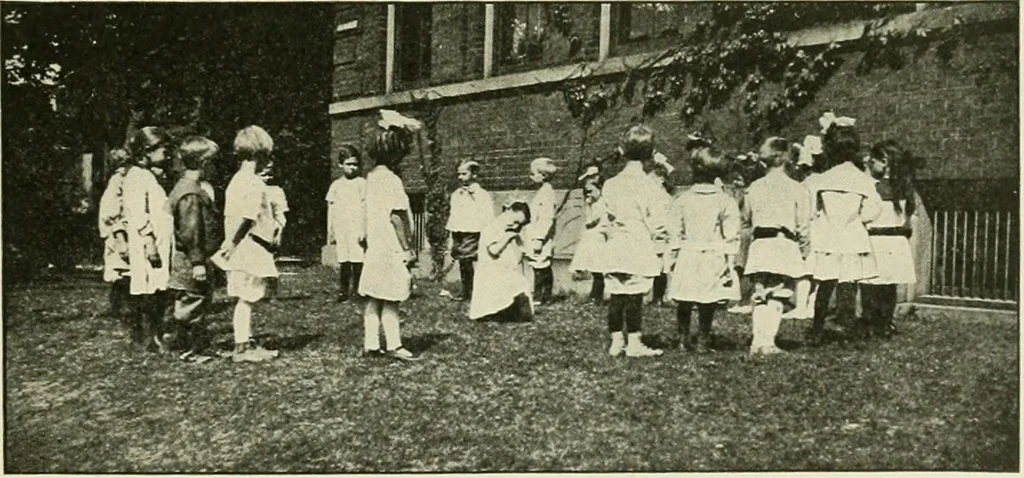 An illustration from Rhythmic action plays and dances; a book of original games and dances, arranged progressively, to Mother Goose and other action songs, with a teaching introductory; for the kindergarten, primary schools, playground and gymnasium, 1915, leaf 88