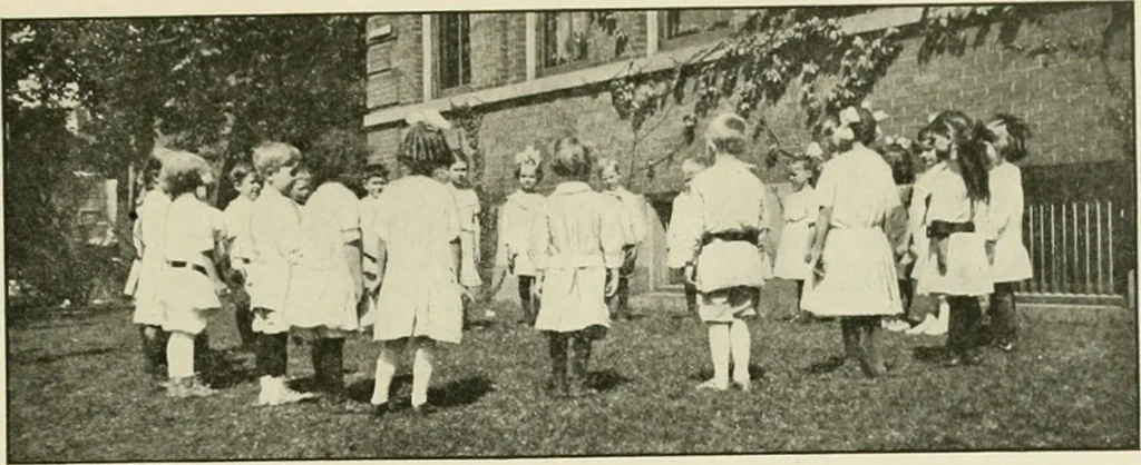 An illustration from Rhythmic action plays and dances; a book of original games and dances, arranged progressively, to Mother Goose and other action songs, with a teaching introductory; for the kindergarten, primary schools, playground and gymnasium, 1915, leaf 98