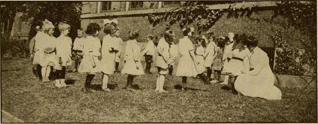 An illustration from Rhythmic action plays and dances; a book of original games and dances, arranged progressively, to Mother Goose and other action songs, with a teaching introductory; for the kindergarten, primary schools, playground and gymnasium, 1915, leaf 104