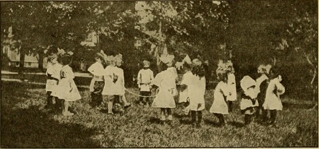 An illustration from Rhythmic action plays and dances; a book of original games and dances, arranged progressively, to Mother Goose and other action songs, with a teaching introductory; for the kindergarten, primary schools, playground and gymnasium, 1915, leaf 105
