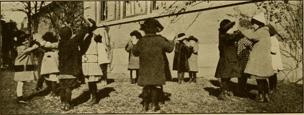 An illustration from Rhythmic action plays and dances; a book of original games and dances, arranged progressively, to Mother Goose and other action songs, with a teaching introductory; for the kindergarten, primary schools, playground and gymnasium, 1915, leaf 129