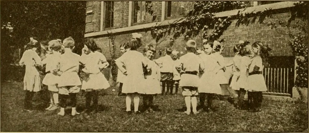 An illustration from Rhythmic action plays and dances; a book of original games and dances, arranged progressively, to Mother Goose and other action songs, with a teaching introductory; for the kindergarten, primary schools, playground and gymnasium, 1915, leaf 145