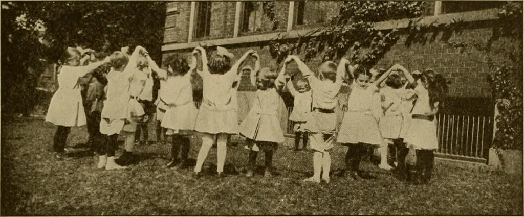 An illustration from Rhythmic action plays and dances; a book of original games and dances, arranged progressively, to Mother Goose and other action songs, with a teaching introductory; for the kindergarten, primary schools, playground and gymnasium, 1915, leaf 146