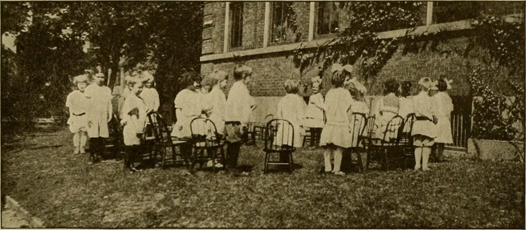 An illustration from Rhythmic action plays and dances; a book of original games and dances, arranged progressively, to Mother Goose and other action songs, with a teaching introductory; for the kindergarten, primary schools, playground and gymnasium, 1915, leaf 152