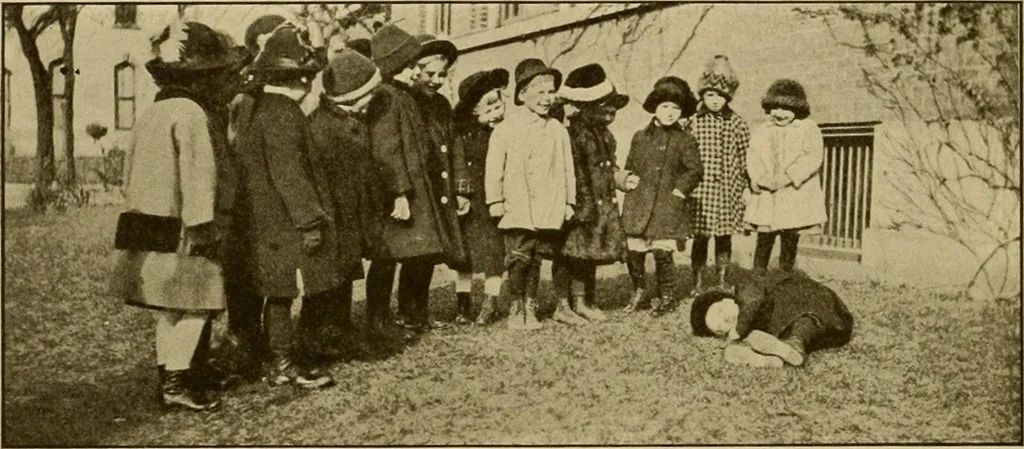 An illustration from Rhythmic action plays and dances; a book of original games and dances, arranged progressively, to Mother Goose and other action songs, with a teaching introductory; for the kindergarten, primary schools, playground and gymnasium, 1915, leaf 153